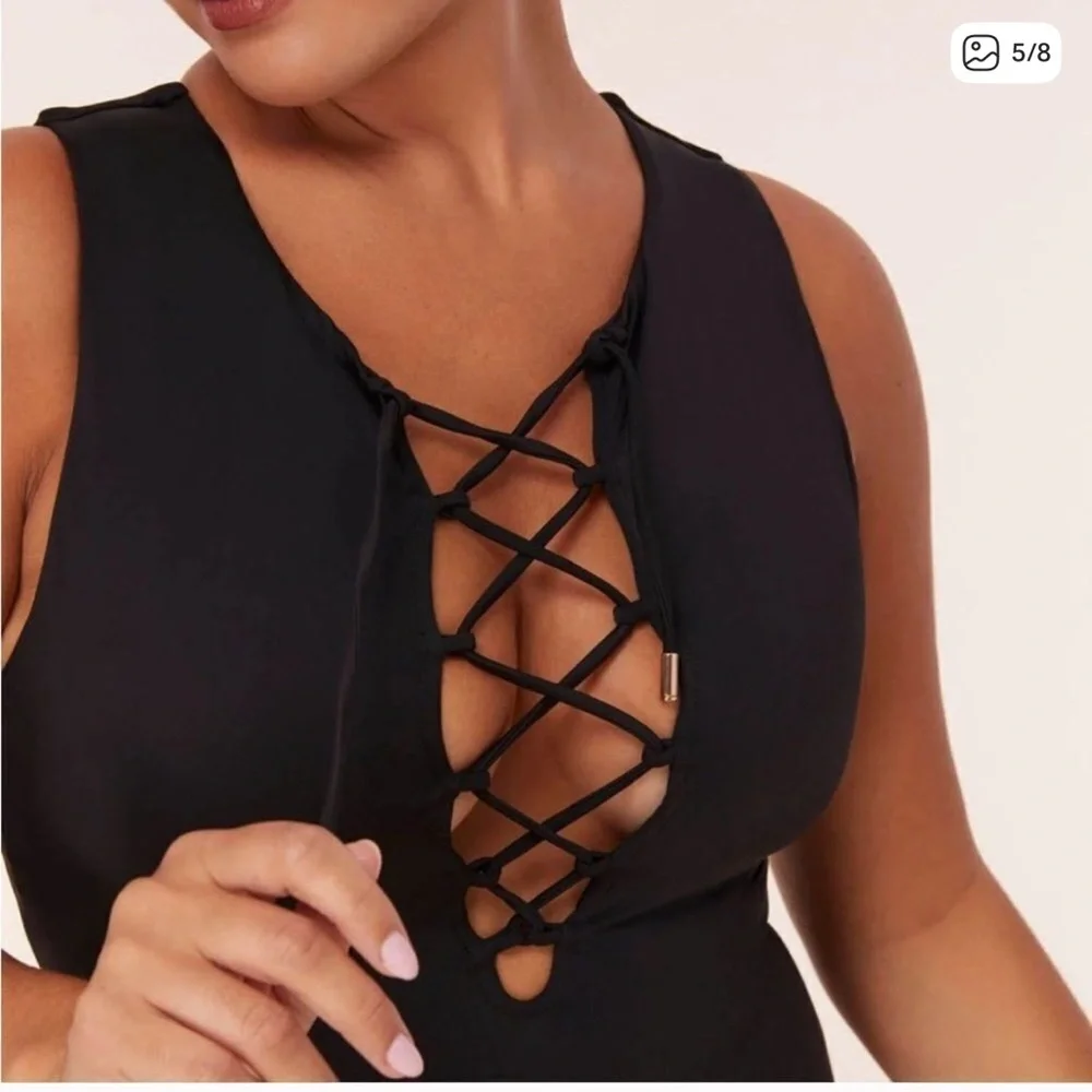 Andie Swim The Oahu One Piece Swimsuit Black lace up high neck back sexy